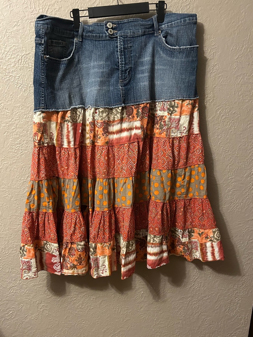 Faded Glory Denim Waist Orange Patchwork Tiered Maxi Skirt